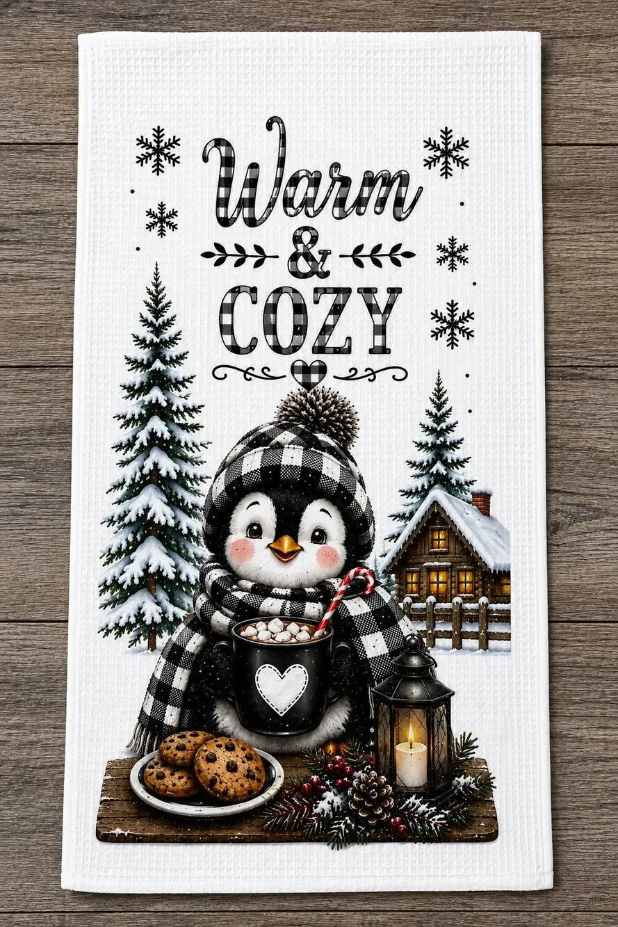 Warm & Cozy Penguin Winter Kitchen Towel Buffalo Plaid Farmhouse Decor